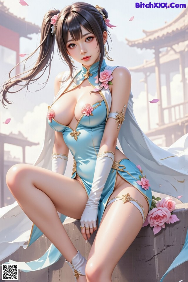A woman in a blue and white outfit sitting on a wall.