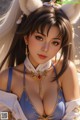 A woman in a blue and white outfit with a cat ears headband.