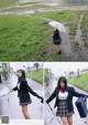 A woman in a school uniform holding an umbrella.