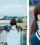 A woman with long hair in a ponytail looking out over a city.