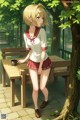 A girl in a school uniform standing next to a picnic table.