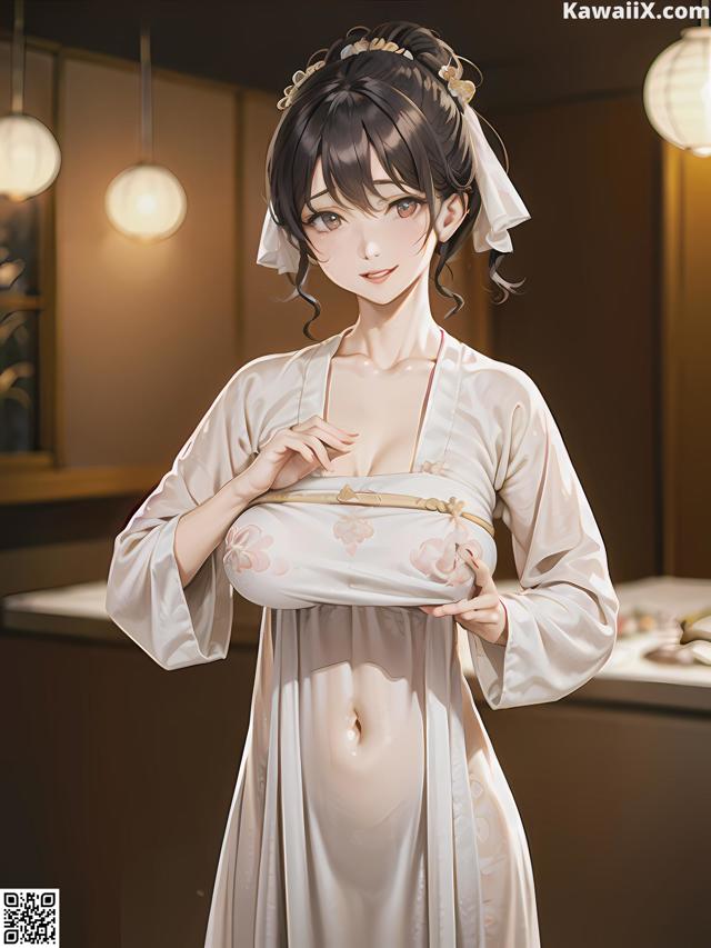 A woman in a white kimono standing in a kitchen.
