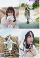 A collage of photos of a woman in a white sweater and hat.